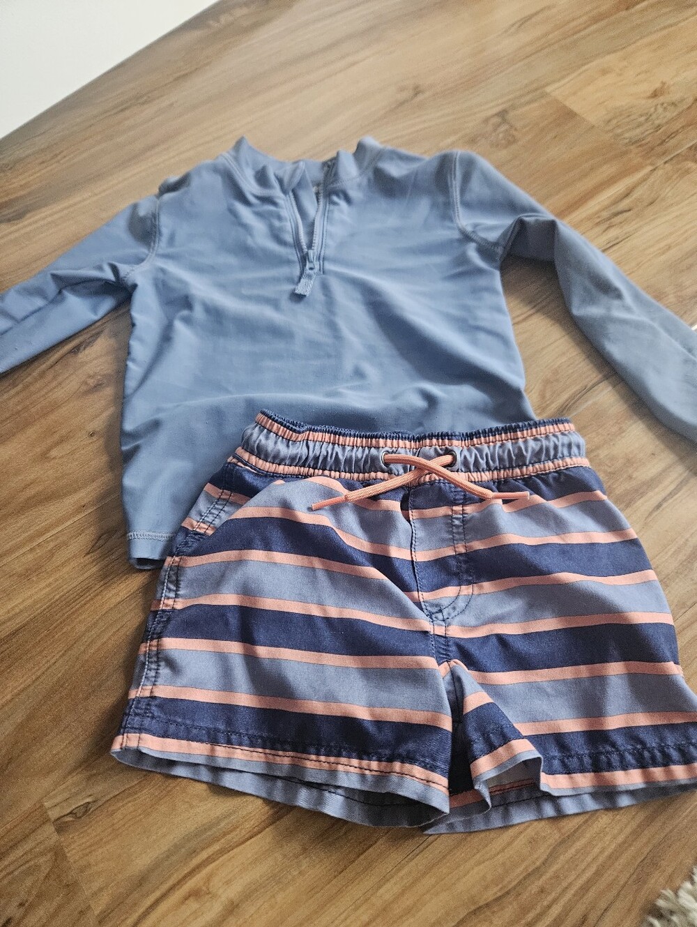 Carter's Light Blue Rash Guard with Navy and Coral Striped Shorts
